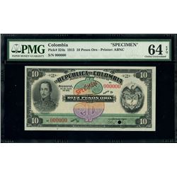 Bogota, Colombia, Republica de Colombia, 10 pesos oro specimen, 20-7-1915, series D, PMG Choice UNC