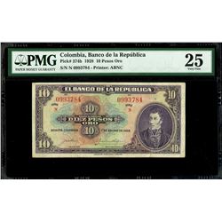 Bogota, Colombia, Banco de la Republica, 10 pesos oro, 1-1-1928, series N, serial 0993784, PMG VF 25