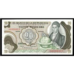 Bogota, Colombia, Banco de la Republica, 20 pesos oro, 1-5-1972, serial 00000027, very low serial.