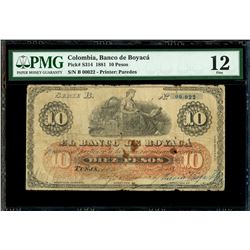 Tunja, Colombia, Banco de Boyaca, 10 pesos, 14-12-1884, series B, serial 00022, PMG Fine 12, finest