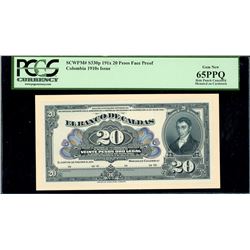 Manizales, Colombia, Banco de Caldas, 20 pesos front proof, 191X (1919-22), PCGS Gem New 65PPQ.