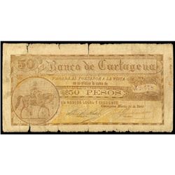 Cartagena, Colombia, Banco de Cartagena, 50 pesos, 10-3-1900, serial 42478.