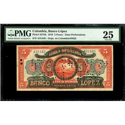 Bogota, Colombia, Banco Lopez, 5 pesos, 1919, serial A31445, PMG VF 25, ex-Eldorado.