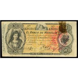 Medellin, Colombia, Banco de Medellin, 50 centavos remainder, no date (1895), serial A292303.