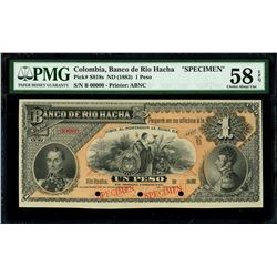 Rio Hacha, Colombia, Banco de Rio Hacha, 1 peso specimen, 188X (1885), series B, PMG Choice AU 58 EP