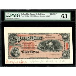 Bogota, Colombia, Banco de la Union, 10 pesos front proof, 1-1-1883, PMG Choice UNC 63.