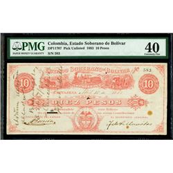 Cartagena, Colombia, Estado Soberano de Bolivar, 10 pesos, 15-4-1883, serial 583, PMG XF 40, finest