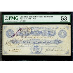 Cartagena, Colombia, Estado Soberano de Bolivar, 1 peso, 15-4-1883, serial 7350, PMG AU 53, very rar