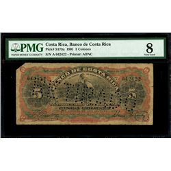 San Jose, Costa Rica, Banco de Costa Rica, 5 colones, 1-1-1901, series A, serial 042422, PMG VG 8, f