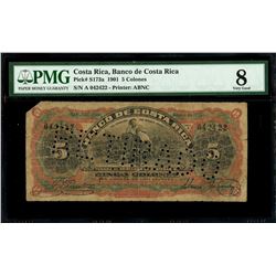 San Jose, Costa Rica, Banco de Costa Rica, 5 colones, 1-1-1901, series A, serial 042422, PMG VG 8, f