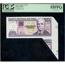 Cuba, Banco Central, 50 pesos, 2008, serial BH-20 517787, fold over error, PCGS Choice About New 55 