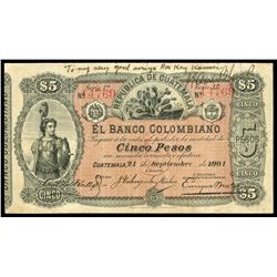 Guatemala, Banco Colombiano, 5 pesos, 21-9-1901, series 1a, serial 14769, red serial numbers, printe