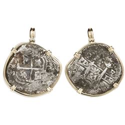 Potosi, Bolivia, cob 1 real, 1664E, ex-Consolacion (1681), mounted cross-side out in 14K gold bezel.