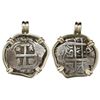 Image 1 : Potosi, Bolivia, cob 4 reales, 1751q, mounted cross-side out in 14K gold bezel.