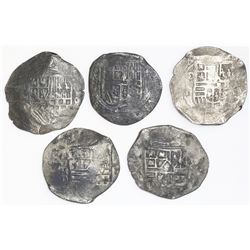 Lot of five Mexico City, Mexico, cob 8 reales, Philip IV, assayer D.