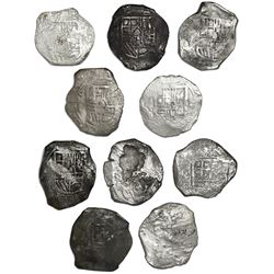 Lot of ten Mexico City, Mexico, cob 8 reales, Philip IV, assayer P (where visible).