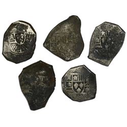 Lot of five Mexico City, Mexico, cob 4 reales, Philip V, assayers not visible.