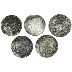 Lot of five Mexico City, Mexico, pillar 8 reales, Philip V: 1734MF, 1735MF, 1736MF, 1737MF and 1738M