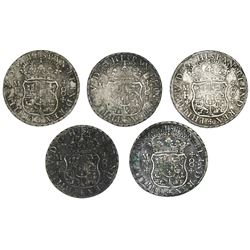 Lot of five Mexico City, Mexico, pillar 8 reales, Philip V, 1736MF.