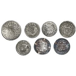 Lot of seven Mexico City, Mexico, small minor pillars and busts: 1R 1745M; 1/2R 1734MF, 1742M, 1743M