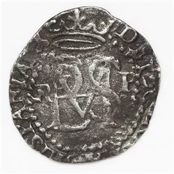 Potosi, Bolivia, cob 1/2 real, Philip II, assayer R (Rincon) to left, mintmark P to right.