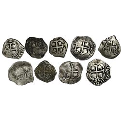Lot of nine Potosi, Bolivia, cob 2 reales, Philip IV through Ferdinand VI: 1654E, 1658E, 1671E, 1678