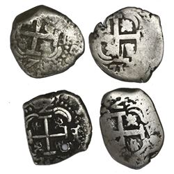 Lot of four Potosi, Bolivia, cob 2 reales: 1717Y, 1750E/q, 1751q, and 177(?)V-Y.