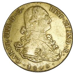 Potosi, Bolivia, gold bust 8 escudos, Charles IV, 1808PJ.
