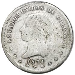 Popayan, Colombia, 5 decimos, 1874, re-punched 18, fineness 0,835/0,900, rare, PCGS VG details / cle