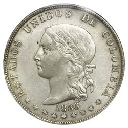 Medellin, Colombia, 5 decimos, 1886, fineness 0,500/0,835, decimos without accent, PCGS AU50.