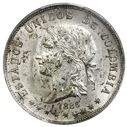 Lot of two Medellin, Colombia coins: 5 decimos, 1886, decimos with accent, PCGS XF details / scratch