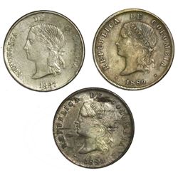 Lot of three Colombian "half dollars": Medellin, 5 decimos, 1887; Bogota, 50 centavos, 1889 (two).