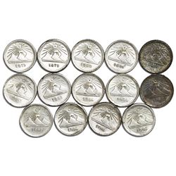 Lot of fourteen Guatemala 1/4R: 1879 (two), 1880, 1881, 1882 (three), 1884 (two), 1885 (two), 1886 (