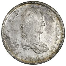 Guadalajara, Mexico, bust 8 reales, Ferdinand VII, 1821FS, one fleur over two in shield.