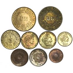 Lot of nine Peru minors: two brass 1 sol, 1949/8, 1950; one brass 1/2 sol 1944; two copper-nickel 20