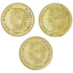 Lot of three Philippines (under Spain), gold 2 pesos, Isabel II: 1862, 1863, 1864.