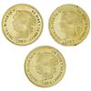 Image 1 : Lot of three Philippines (under Spain), gold 2 pesos, Isabel II: 1862, 1863, 1864.