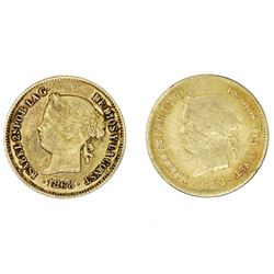 Lot of two Philippines (under Spain), gold 1 pesos, Isabel II: 1861 and 1868.