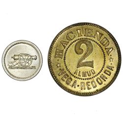 Lot of two Puerto Rico tokens: Mayaguez, copper-nickel 5 centavos, no date (1895), Adjuntas Ferreter