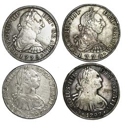 Lot of four Spanish colonial bust 8 reales of Charles III and IV (Bolivia: 1774JR; Mexico: 1775FM, 1