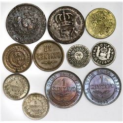 Lot of eleven miscellaneous Latin American coins in various metals, 1700s-1900s.