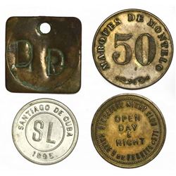 Lot of four miscellaneous Caribbean/Mexican tokens: San Luis, Cuba (Oriente Province / Santiago de C