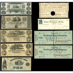 Lot of five obsolete notes and four checks, 1790-1914.