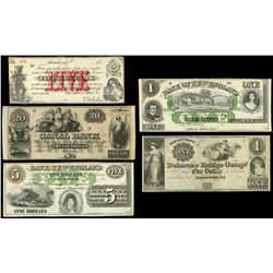 Lot of five obsolete remainder notes, mid-1800s.