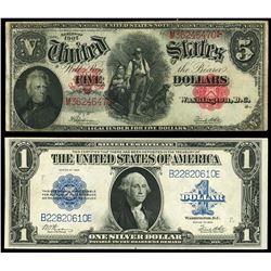 Lot of two USA (Washington, D.C. notes: United States Note, $5, series of 1907, serial M36246470, Sp