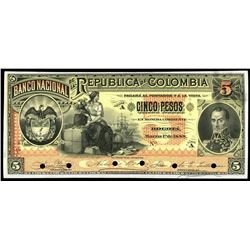 Bogota, Colombia, Banco Nacional, 5 pesos front proof, 1-3-1888.