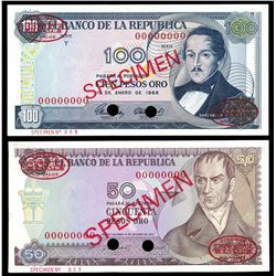 Lot of two Bogota, Colombia, Banco de la Republica, specimen notes: 100 pesos oro, 1-1-1968, series