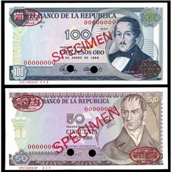 Lot of two Bogota, Colombia, Banco de la Republica, specimen notes: 100 pesos oro, 1-1-1968, series 