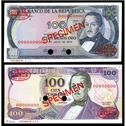 Lot of two Bogota, Colombia, Banco de la Republica, 100 pesos oro specimens: 20-7-1973, series Y; 1-