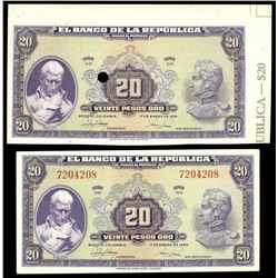 Lot of two Bogota, Colombia, Banco de la Republica, 20 pesos oro, series DD notes: issued example, 1